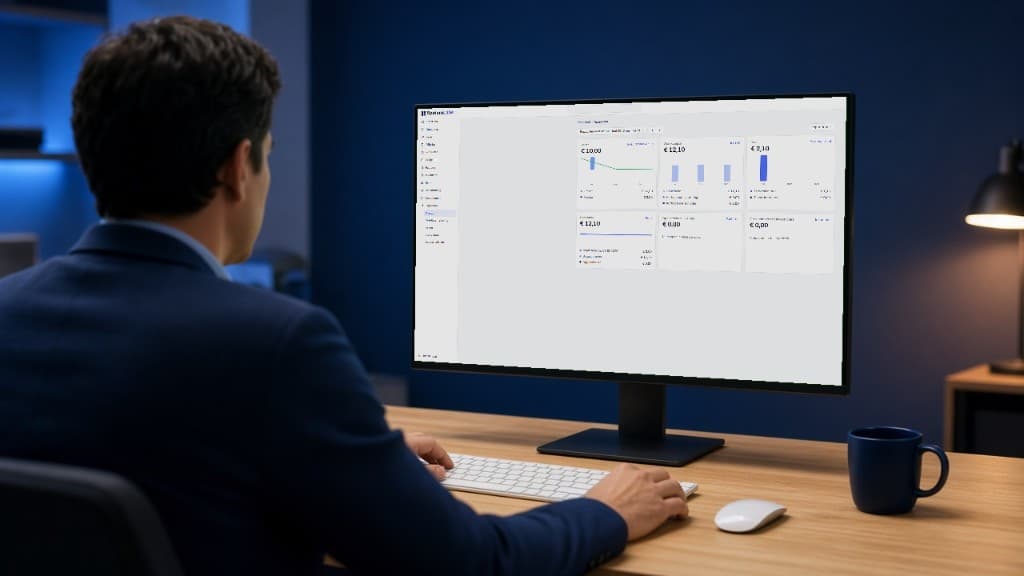 Iemand aan een bureau, met Enterprise Resource Planning op het scherm