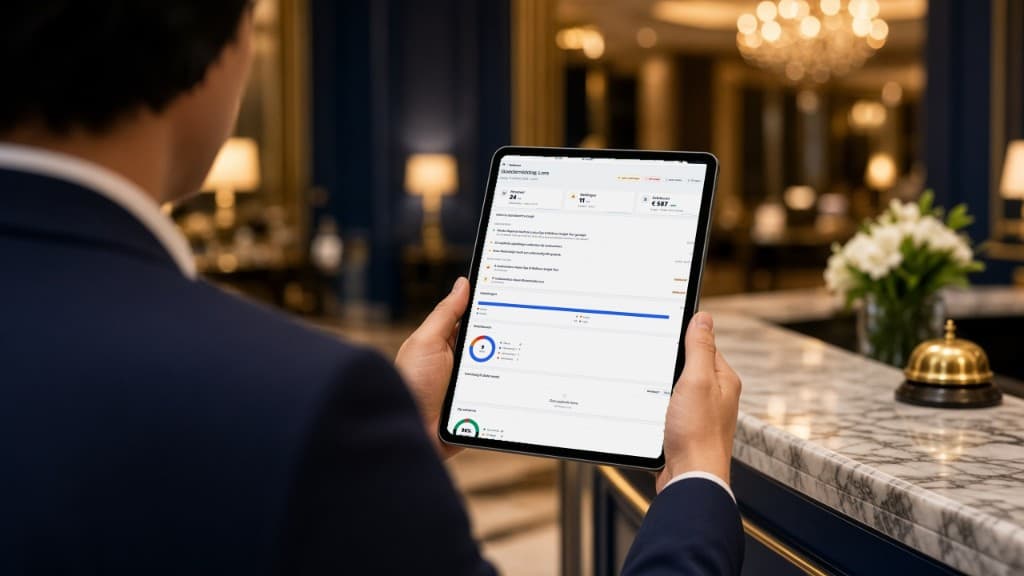 Iemand aan de receptie met MijnSanadome op een tablet